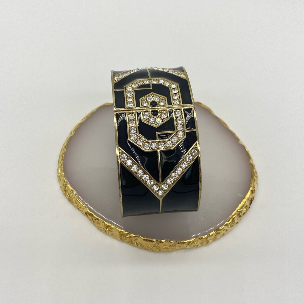 Black Enamel and Gold Tone Clamper Bangle Bracelet Vintage Art Deco